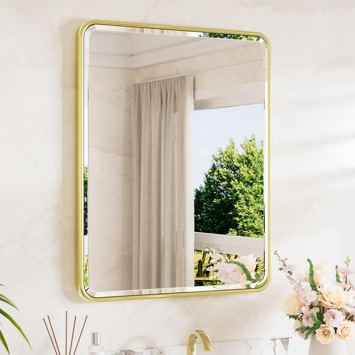 TETOTE Brushed Nickel Mirror 20 x 30 Beveled Edge Tempered Glass, Rounded Corner Rectangle Bathroom Mirror for Over Sink for Modern Bathroom, Living Room, Bedroom, Entryway
