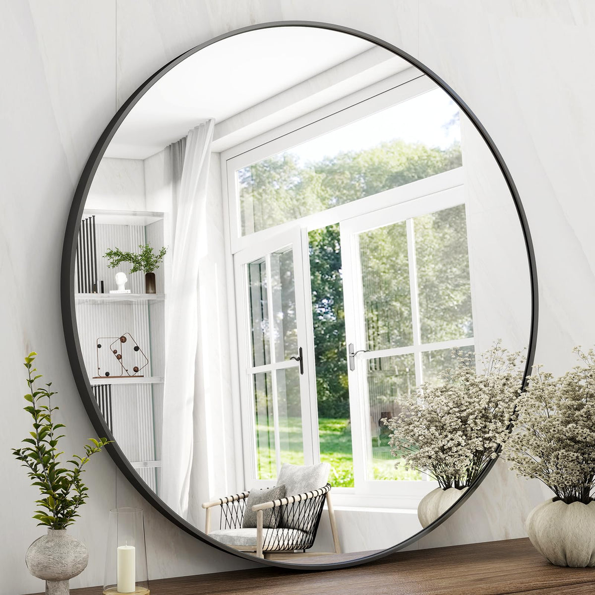 42 Inch Round Bathroom Mirror - Black Wall Mounted Circle Mirror with Metal Frame, Modern Round Hanging Mirror Suitable for Bathroom, Vanity, Entryway, Living Room