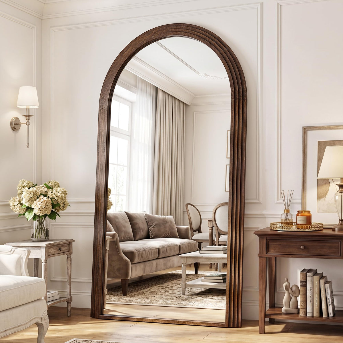 82"x44" Arched Full Length Mirror with Wide Wood Frame,Natural Wood