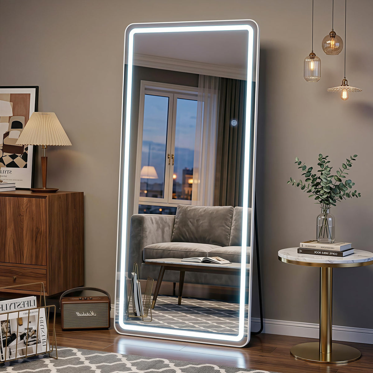 71"x32" Full Length Mirror with LED Lights, Dimmable Lighted Floor Mirror with 3 Color Lighting & Touch Control, Standing or Wall Mounted Full Body Mirror for Bedroom Dressing Room, White