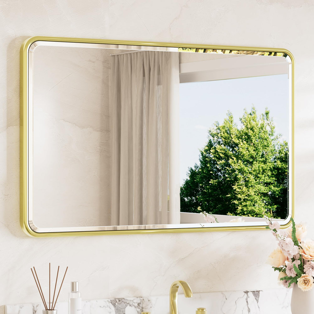 TETOTE Brushed Nickel Mirror 20 x 30 Beveled Edge Tempered Glass, Rounded Corner Rectangle Bathroom Mirror for Over Sink for Modern Bathroom, Living Room, Bedroom, Entryway