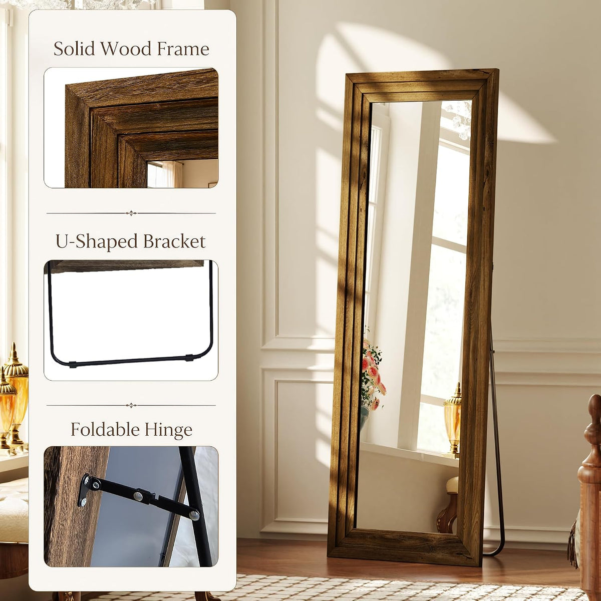 Full Length Mirror with Solid Wood Frame, 65"x22" Floor Mirror, Walnut