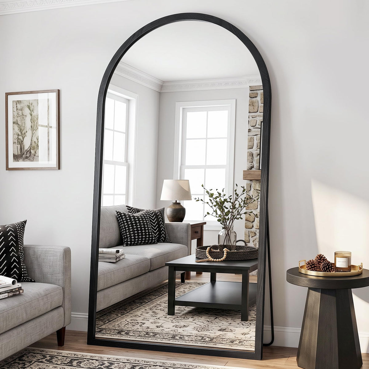 82"x44" Arched Full Length Mirror with Wide Wood Frame,Natural Wood