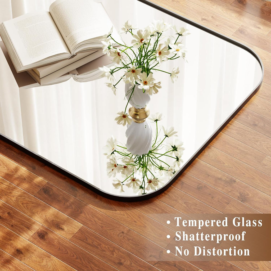Arched Floor Standing Mirror 71"x26"Black with Top Round Corner