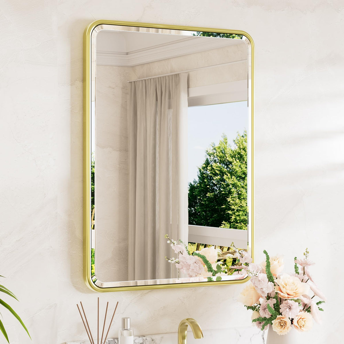 TETOTE Brushed Nickel Mirror 20 x 30 Beveled Edge Tempered Glass, Rounded Corner Rectangle Bathroom Mirror for Over Sink for Modern Bathroom, Living Room, Bedroom, Entryway