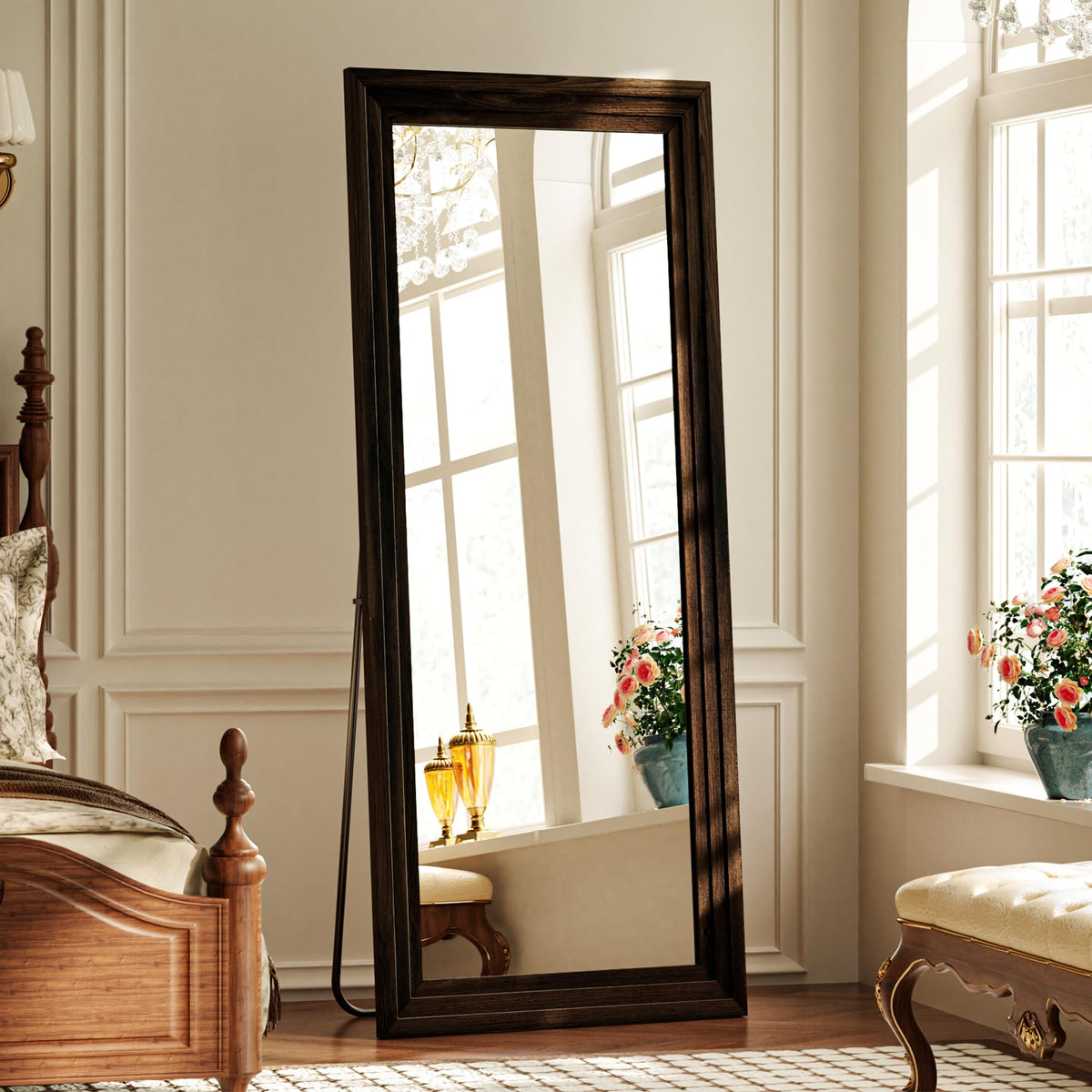 Full Length Mirror with Solid Wood Frame, 65"x22" Floor Mirror, Walnut