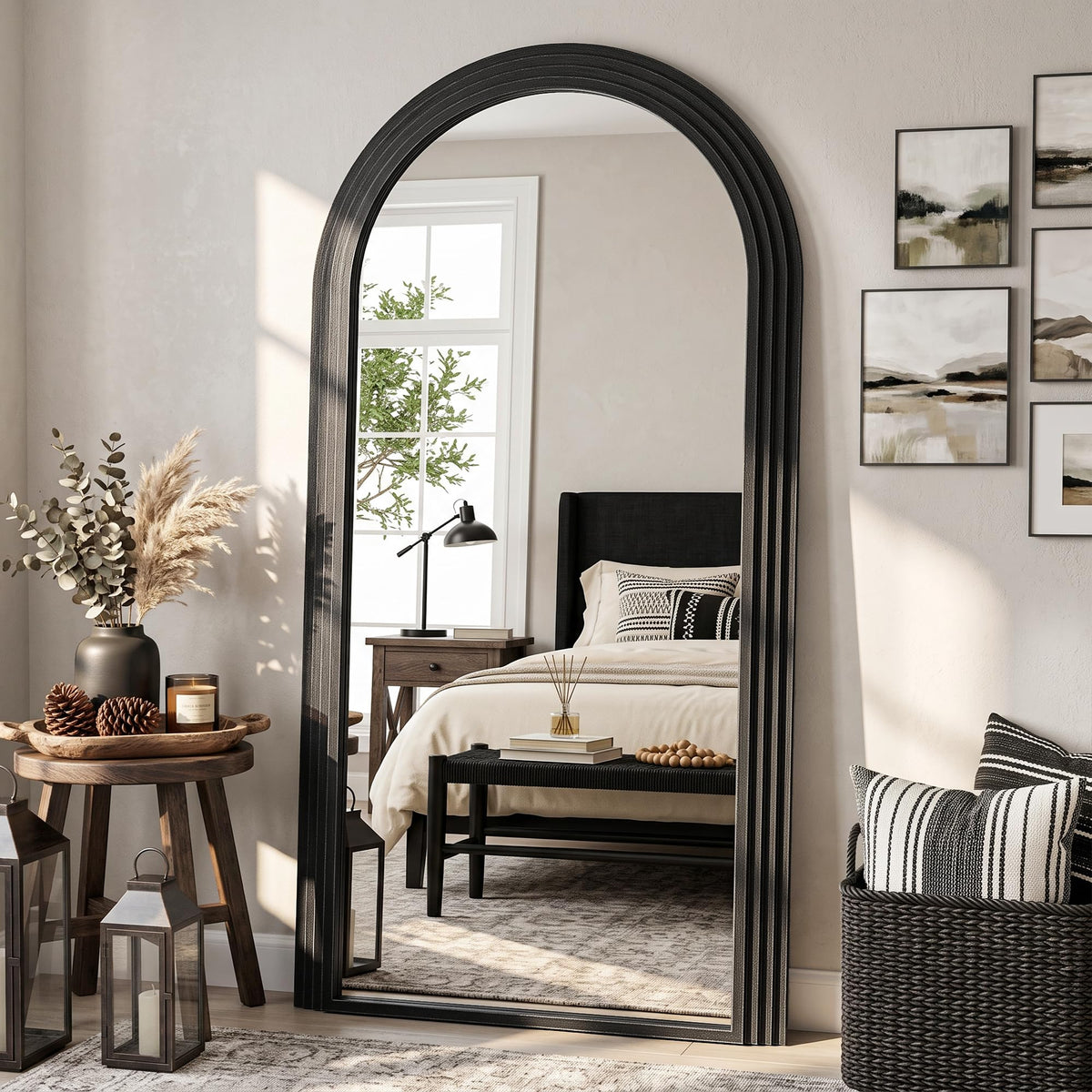 82"x44" Arched Full Length Mirror with Wide Wood Frame,Natural Wood