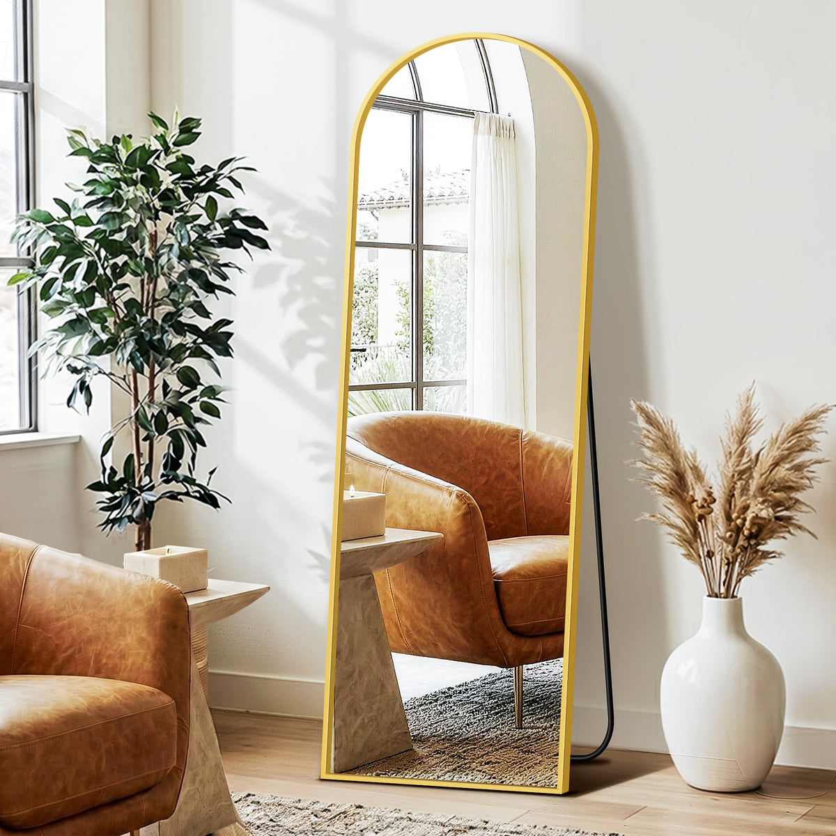 Arched Full Length Mirror with Stand, 56"x15" Full Body Floor Mirror, Black