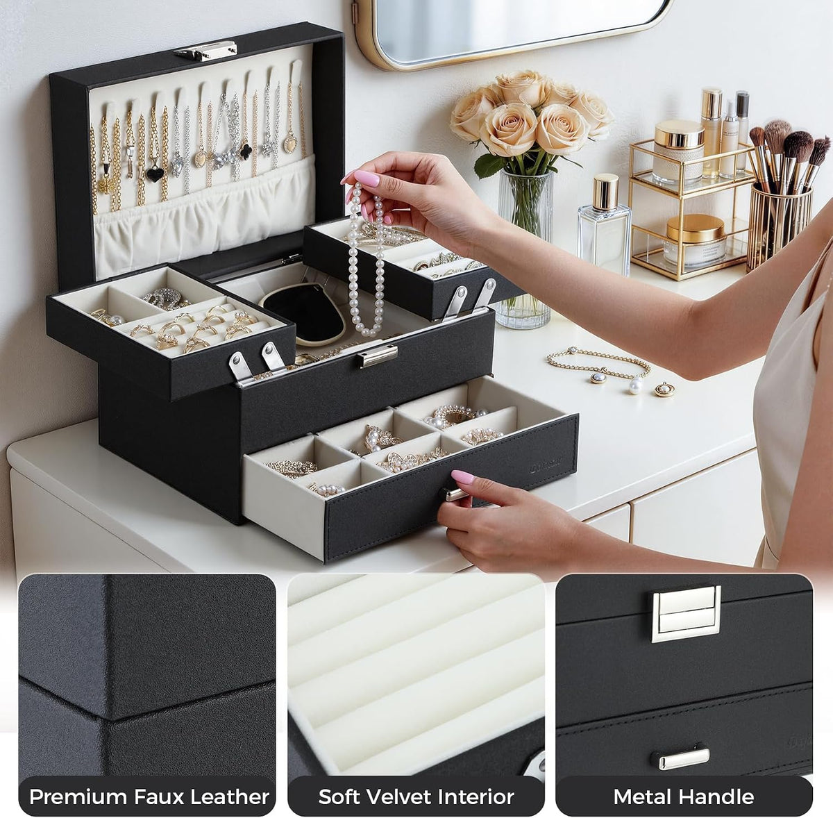 Dajasan Jewelry Organizer Box, Large Jewelry Boxes for Women Girls, Space-Saving 3 Layers Jewelry Storage Case with Drawer, Movable Metal Stand, Modern, Gift Idea (Black)