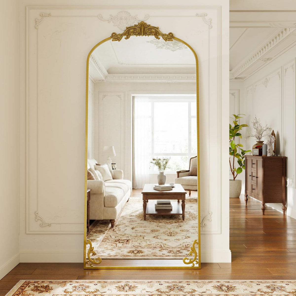GLSLAND Arched Full Length Mirror,64"x21" Vintage Carved Floor Mirror Gold