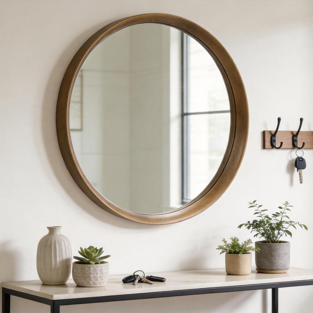 Brakki Round Wall Mirror with Wood Frame, 36" Circle Mirror for Bathroom