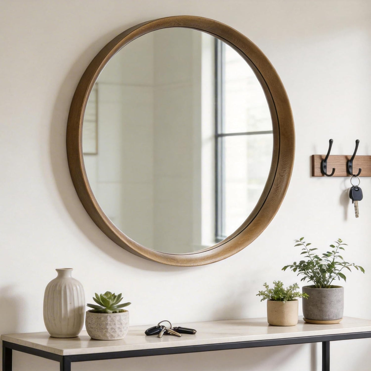 Brakki Round Wall Mirror with Wood Frame, 36" Circle Mirror for Bathroom