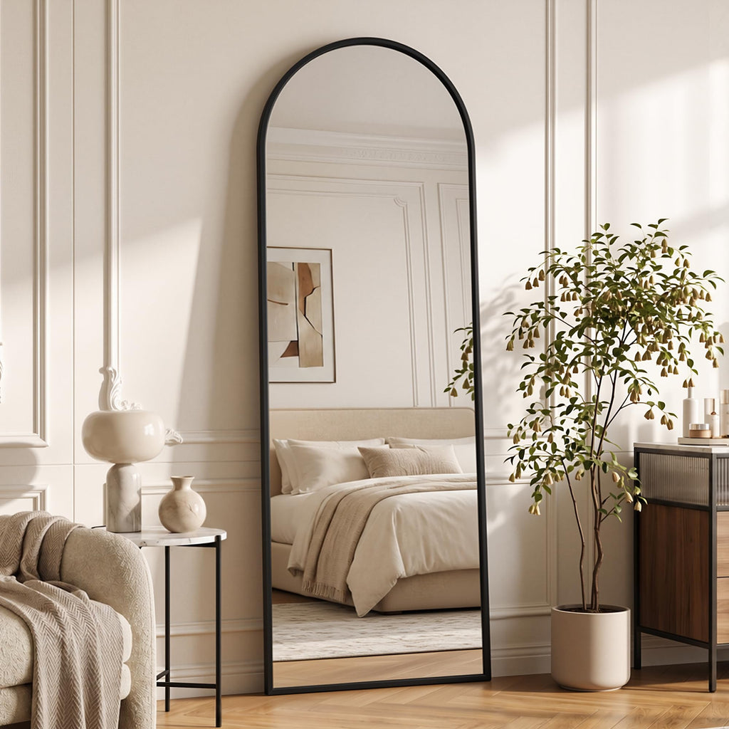 Suidia 71"x28" Arched Full Length Mirror with Stand, Black Floor Mirror