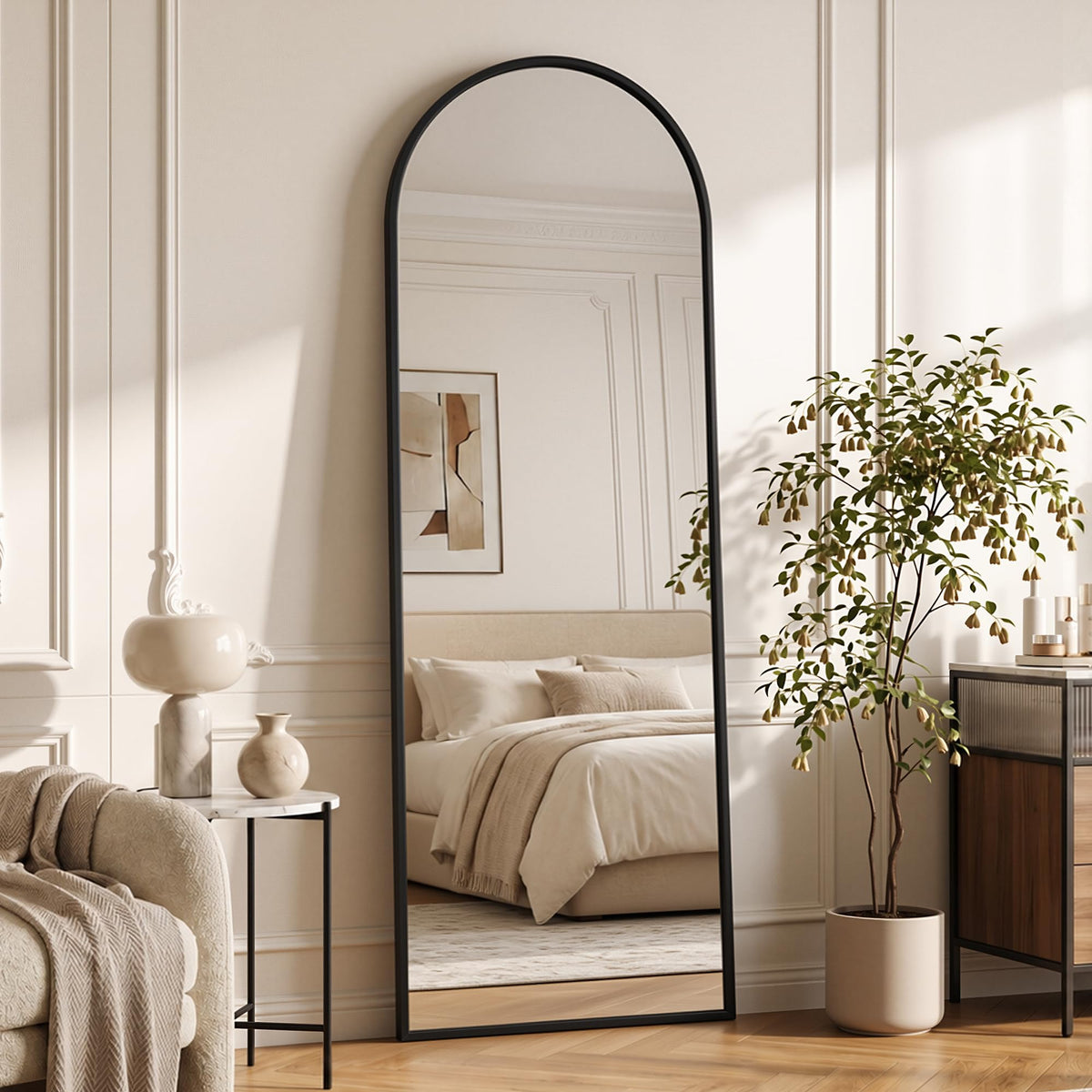 Suidia 71"x28" Arched Full Length Mirror with Stand, Black Floor Mirror