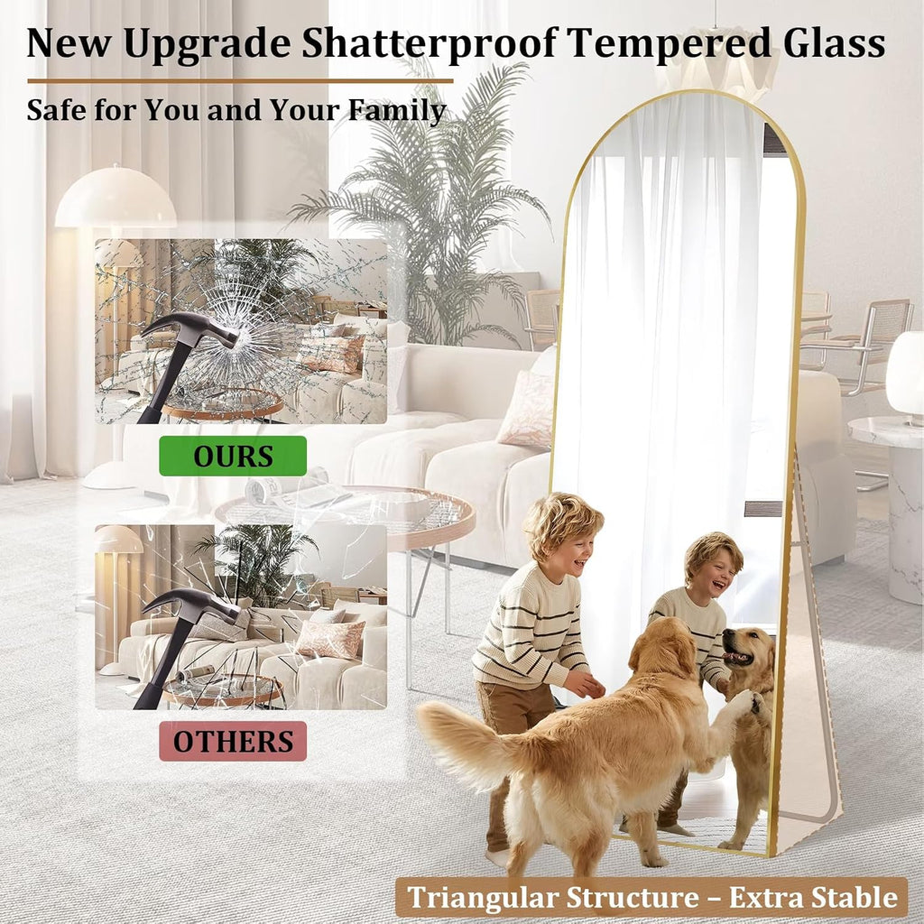 Arched Full Length Floor Mirror with Gold Aluminum Frame, 56"x15"