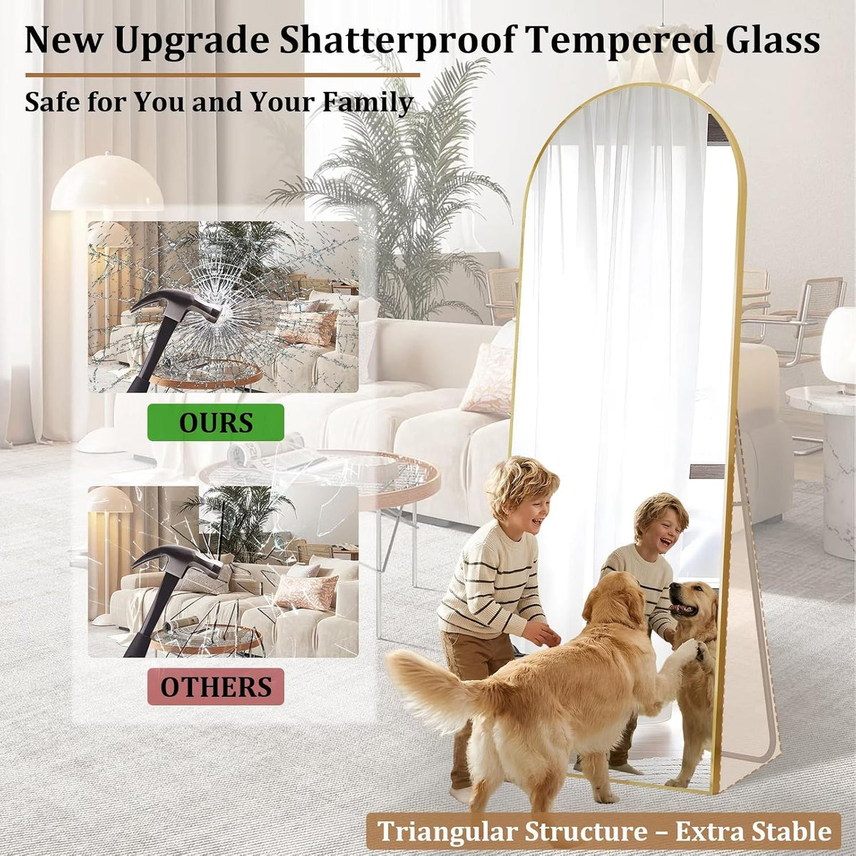 Arched Full Length Floor Mirror with Gold Aluminum Frame, 56"x15"