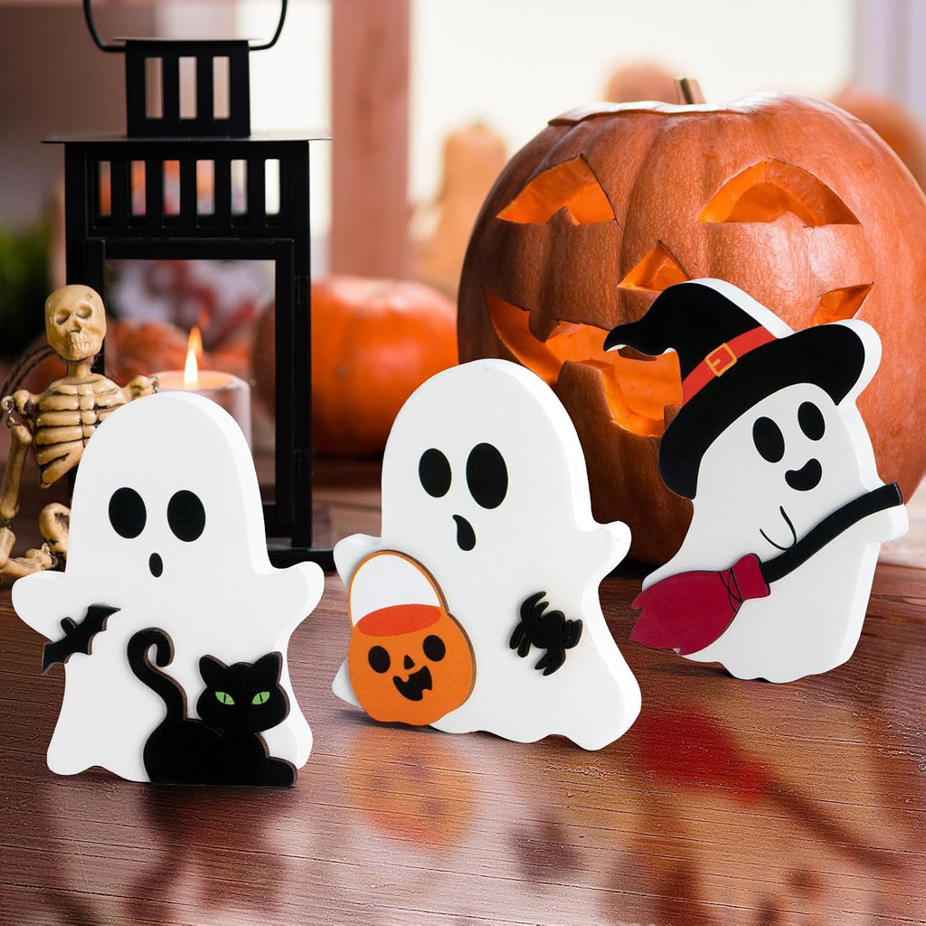 3 Pcs Halloween Ghost Decor - Cute Ghost Decorations Indoor, Wooden Tiered Tray Decor Table Sign Set, Halloween Table Decor Witch Broom Pumpkin Bat Blocks for Party Home Shelf Display