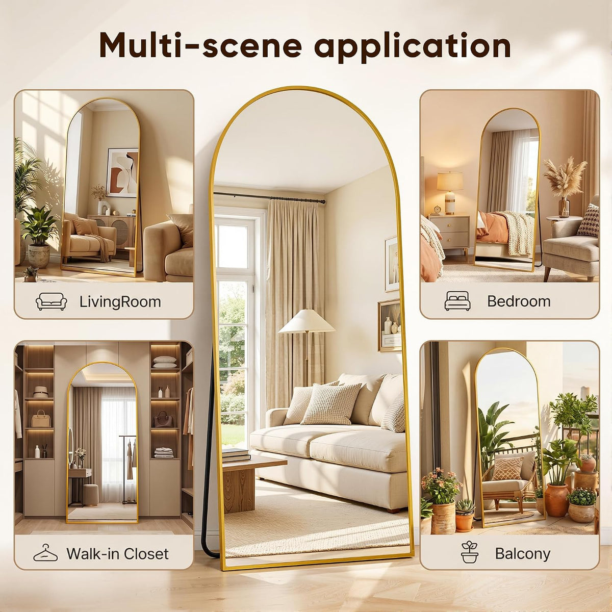 Full Length Mirror, 76"x34" Arched Floor Mirror, Gold