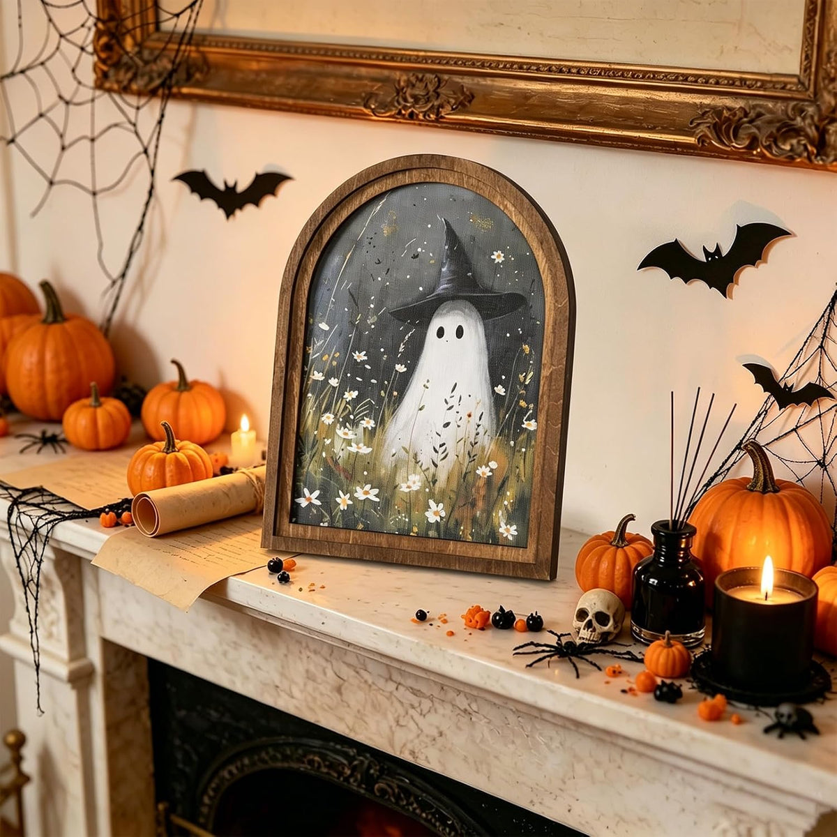 DAZONGE Halloween Wood Framed Arch Sign, Spooky Ghost Witch Halloween Decor
