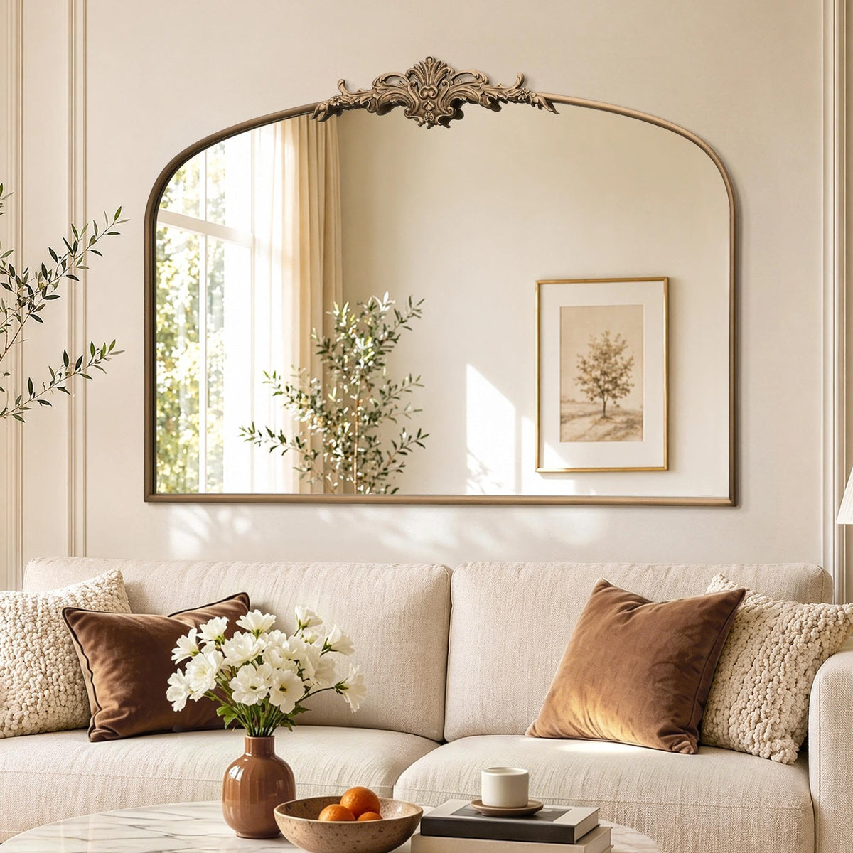 Besdomus Vintage Arched Gold Mirror: 40"x29" Large Brass Antique Decorative