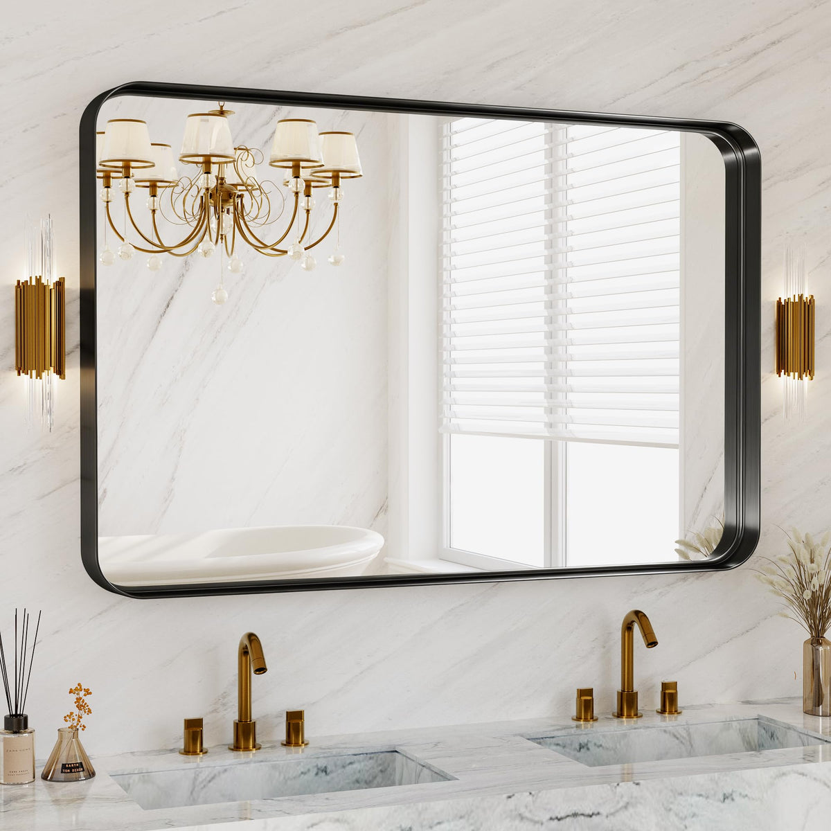 30x36 Inch Black Metal Framed Bathroom Mirror for Wall, HD Tempered Glass