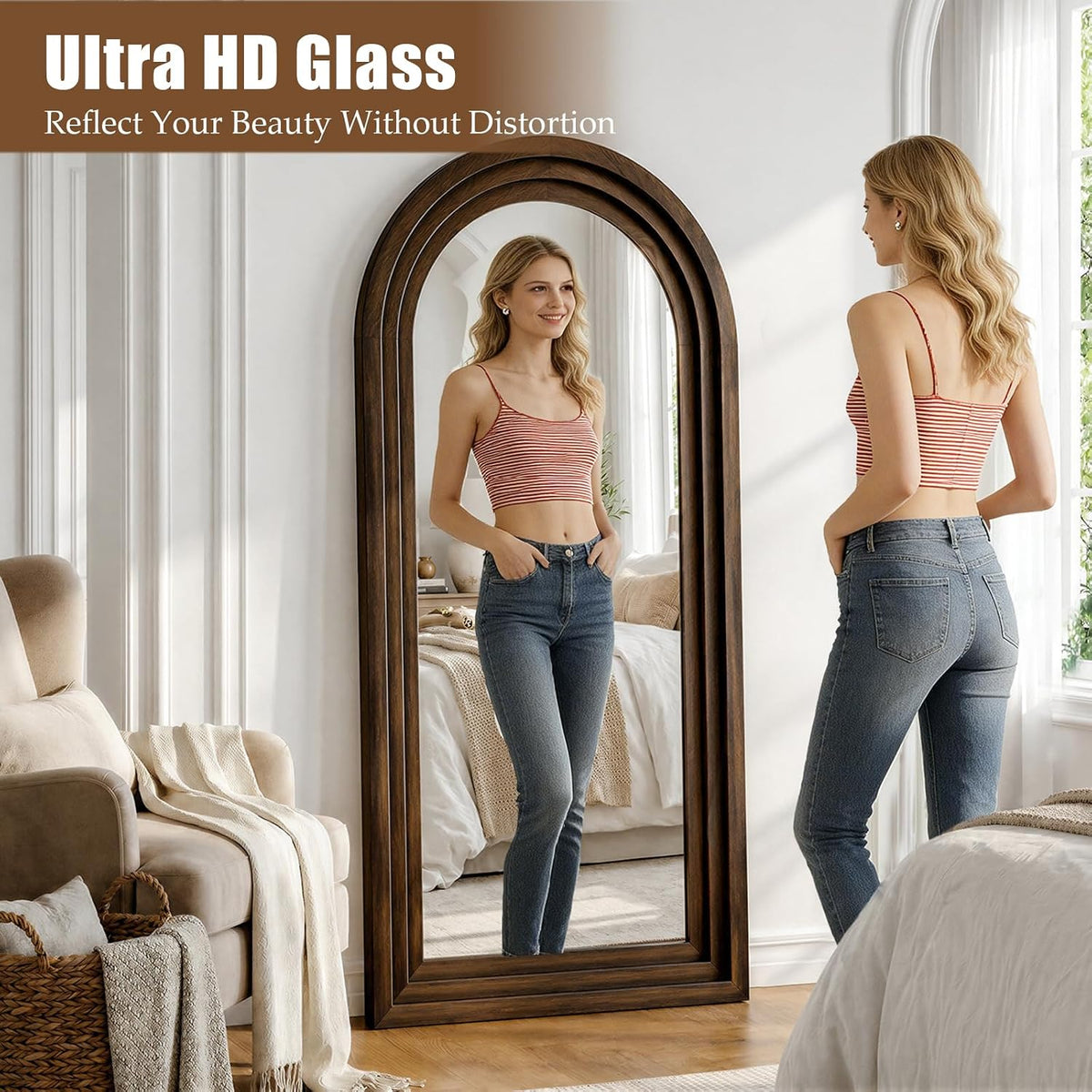 24"x65" Full Length Mirror Solid Wood Frame, Arched Floor Mirror Full Length with Stand, Room Decor Big Full Body Mirror with HD Tempered Glass for Bedroom, Living Room, Walnut Wood