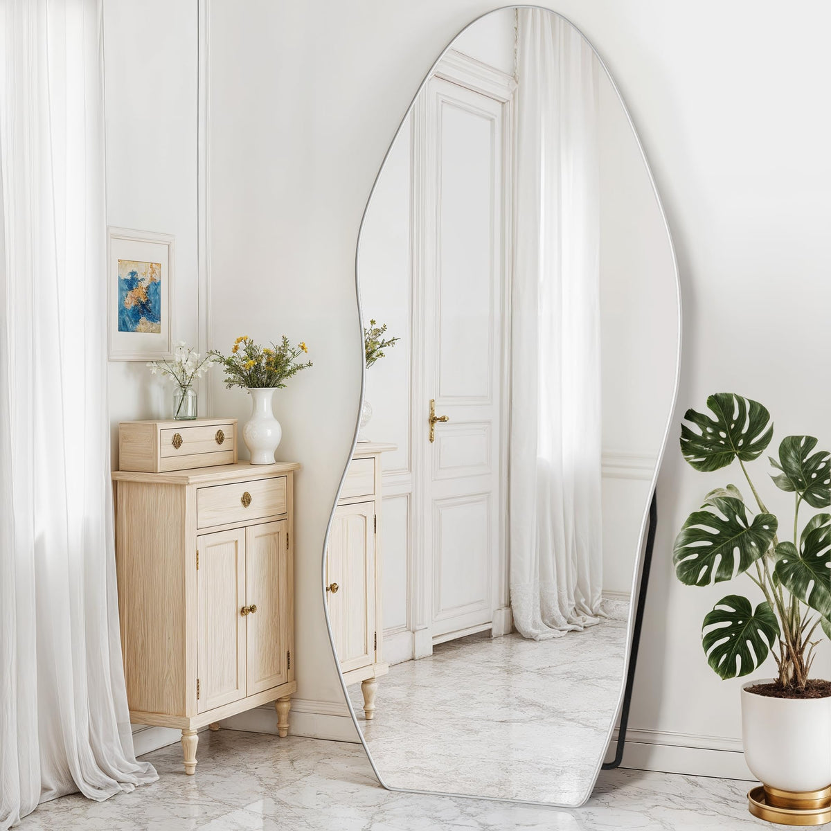Antok Irregular Full Length Mirror, 76"x36" Asymmetrical Floor Mirror with Stand, Standing Hanging Leaning Irregular Mirrors for Bedroom Living Room Entryway, Wavy Shaped, Black