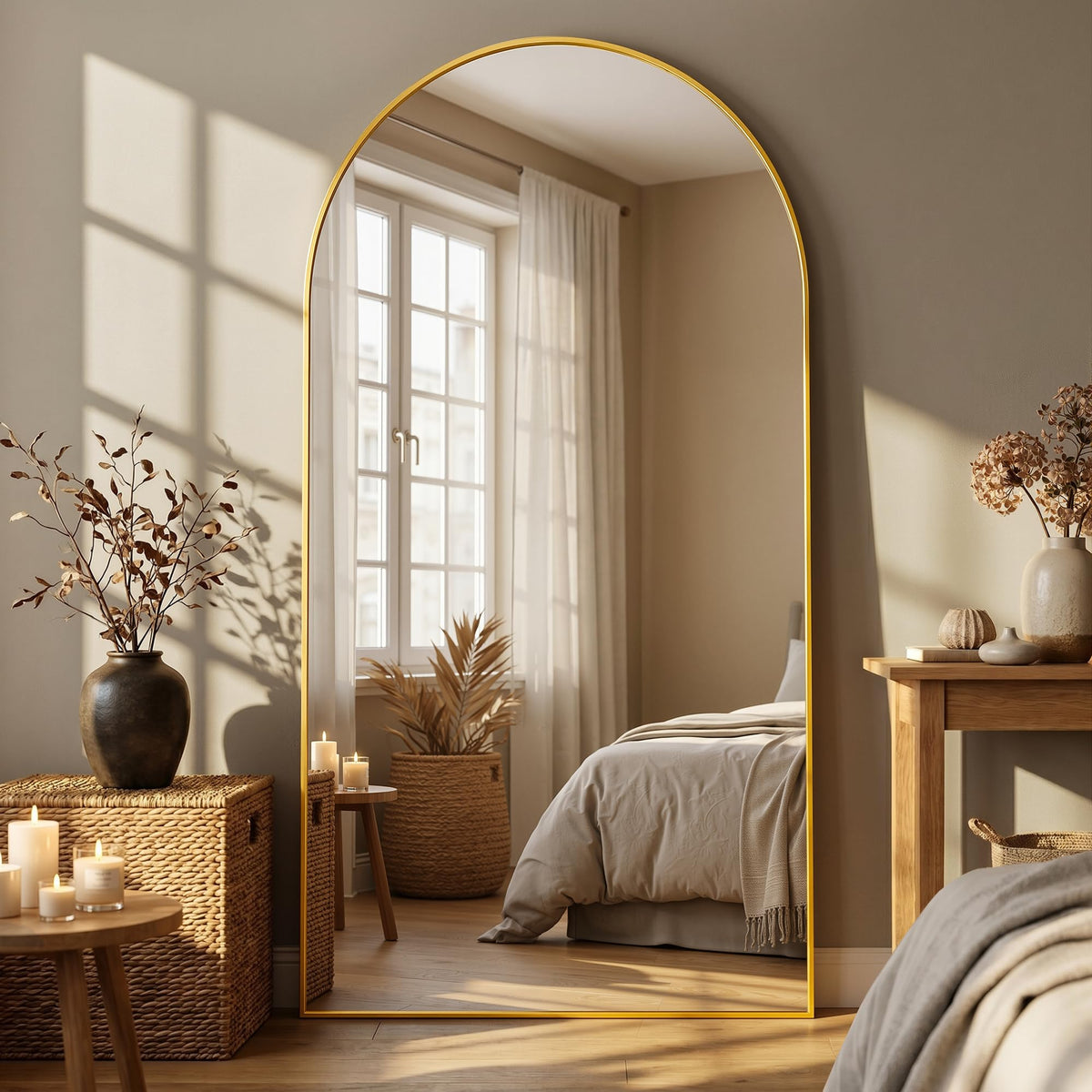 Full Length Mirror, 76"x34" Arched Floor Mirror, Gold