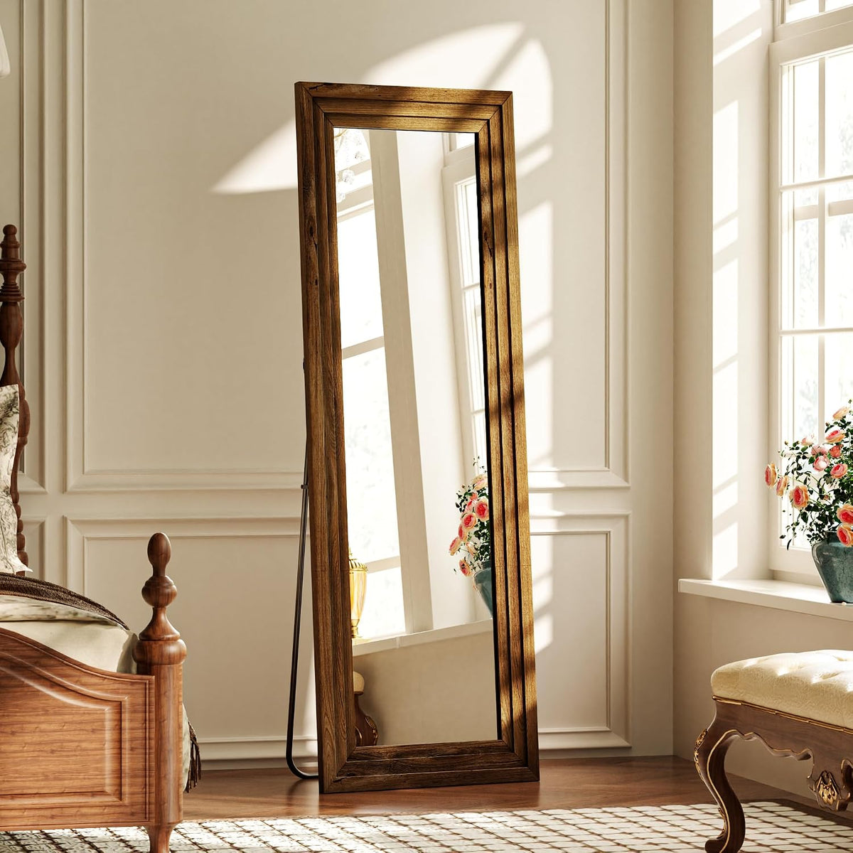 Full Length Mirror with Solid Wood Frame, 65"x22" Floor Mirror, Walnut