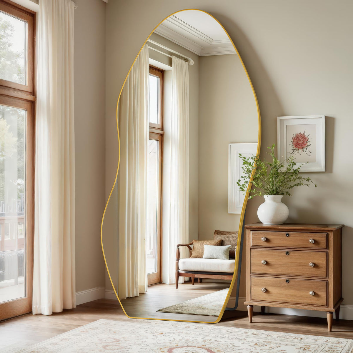 Antok Irregular Full Length Mirror, 76"x36" Asymmetrical Floor Mirror with Stand, Standing Hanging Leaning Irregular Mirrors for Bedroom Living Room Entryway, Wavy Shaped, Black