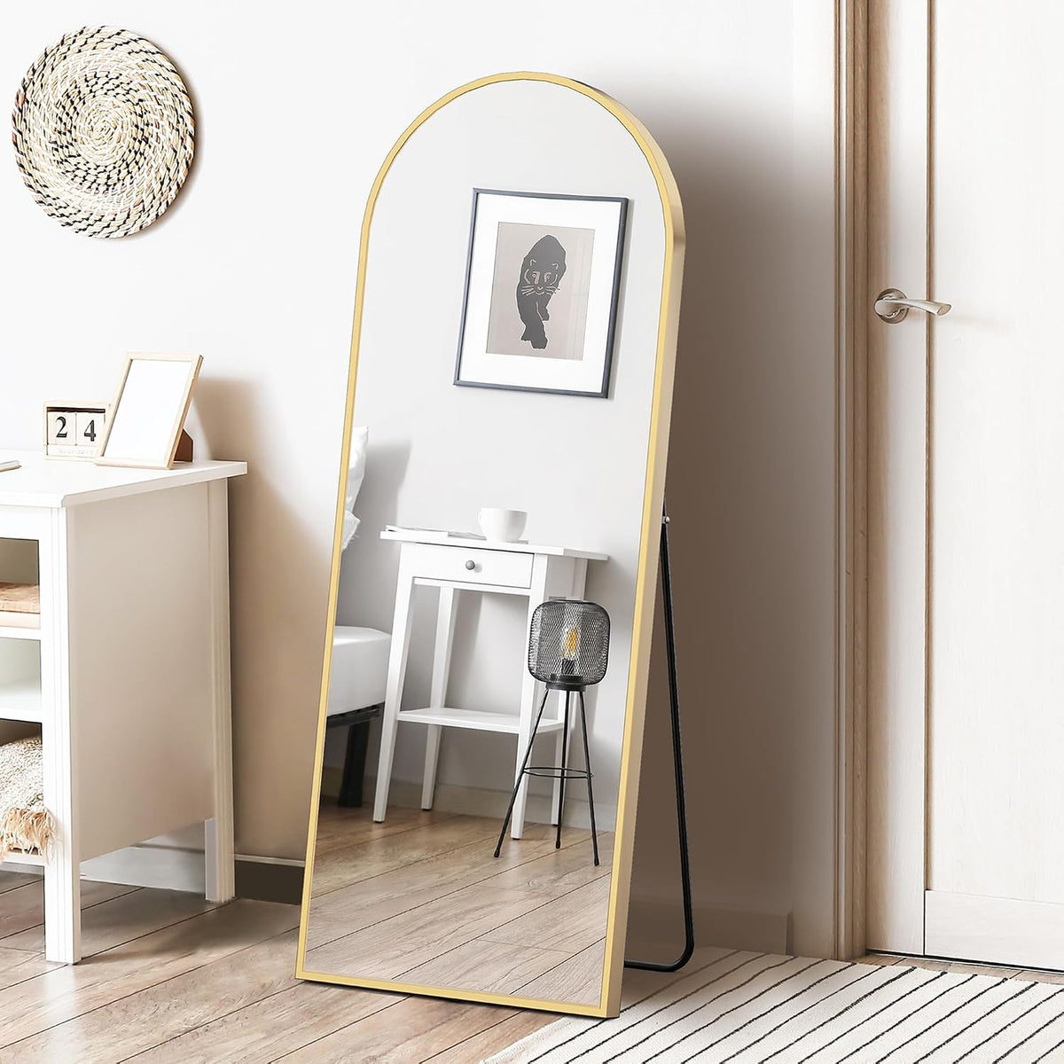 64"x21" Arched Full Length Mirror, Full Body Mirror with Leaning or Standing, Floor Standing Aluminum Frame for Bedroom, Livingroom, Cloakroom, Gold