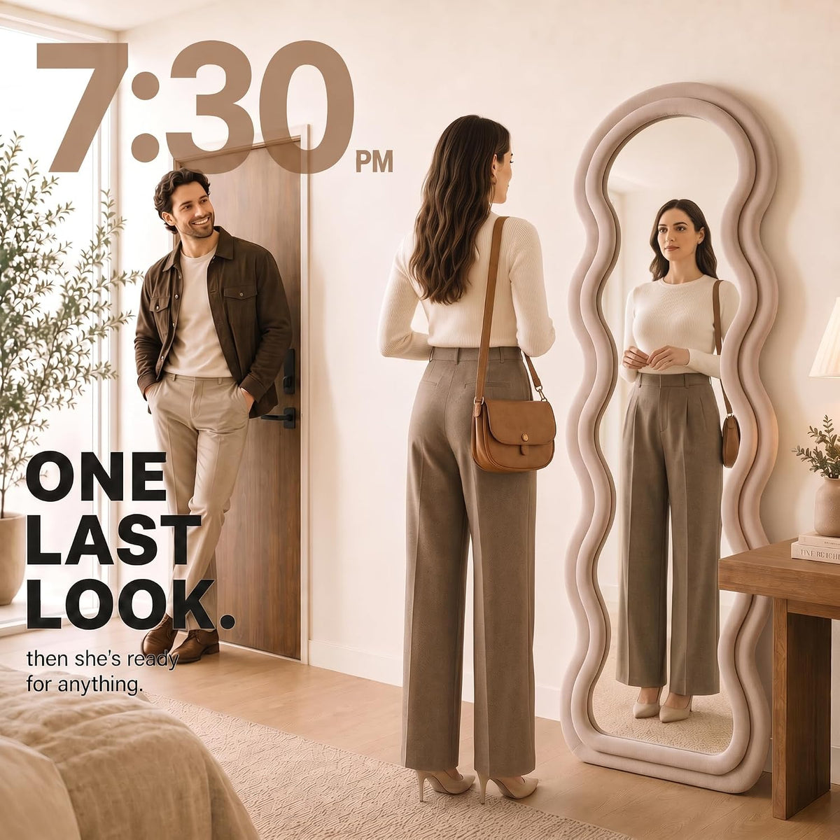 BOJOY Full Length Mirror 63"x24", Irregular Wavy Mirror, Wave Arched Floor Mirror, Wall Mirror Standing Hanging or Leaning Against Wall for Bedroom, Flannel Wrapped Wooden Frame, Milk Tea Color