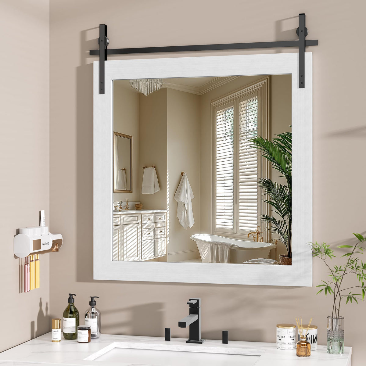 Hasipu Farmhouse Bathroom Mirror, 40"x26" Rustic Wood Framed Wall Mounted Mirror, Black Vintage Vanity Mirror Barn Door Style Decrative Mirrors