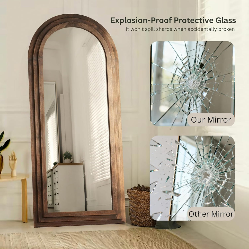 PERFNIQUE Wood Arched Full Length Mirror with Stand, 71x32 Floor Mirror