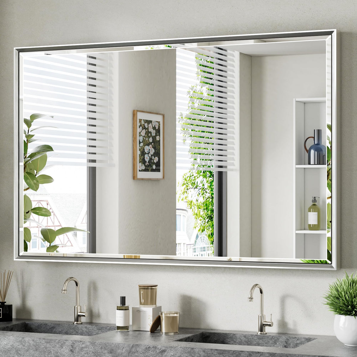 Brushed Nickel Bathroom Mirror, 24x32 Inch Beveled Framed Bathroom Mirror Anti-Rust, Brushed Nickel Metal Frame Bathroom Vanity Mirror for Wall, Vertical/Horizontal Wall-Mounted Mirrors