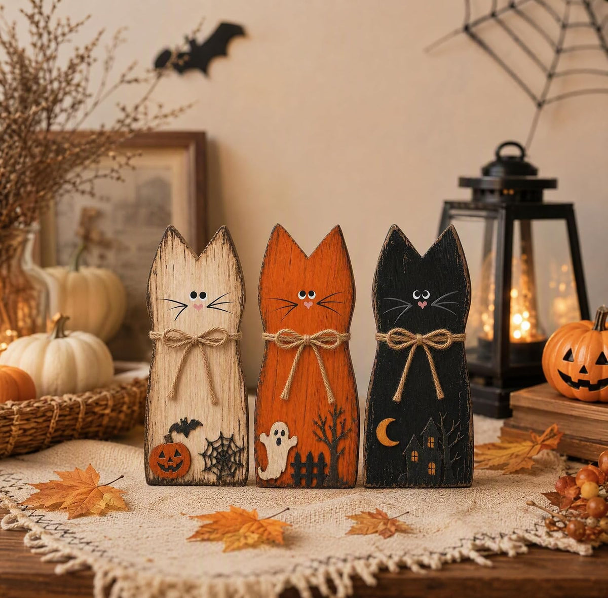 Vintage Halloween Decor Halloween Decorations Indoor Wooden Cats Table Signs for Home Office Farmhouse Kitchen Room Bedroom Mantel Tiered Tray Rustic Wood Signs Halloween Decor