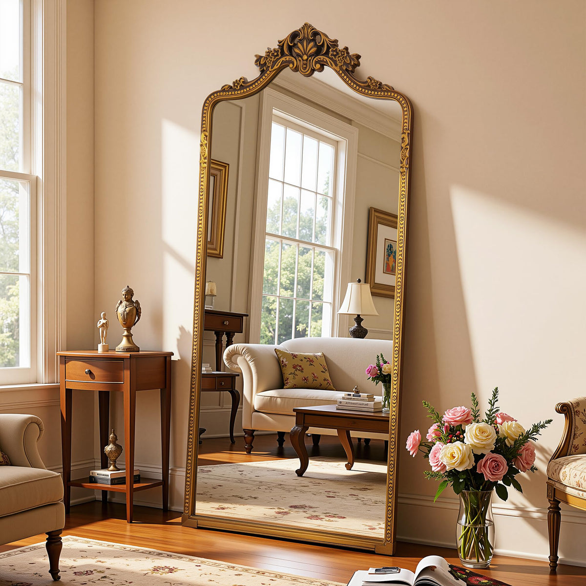 Antok 70"x28" Retro Full Length Mirror, Ornate Carved Floor Body Mirror