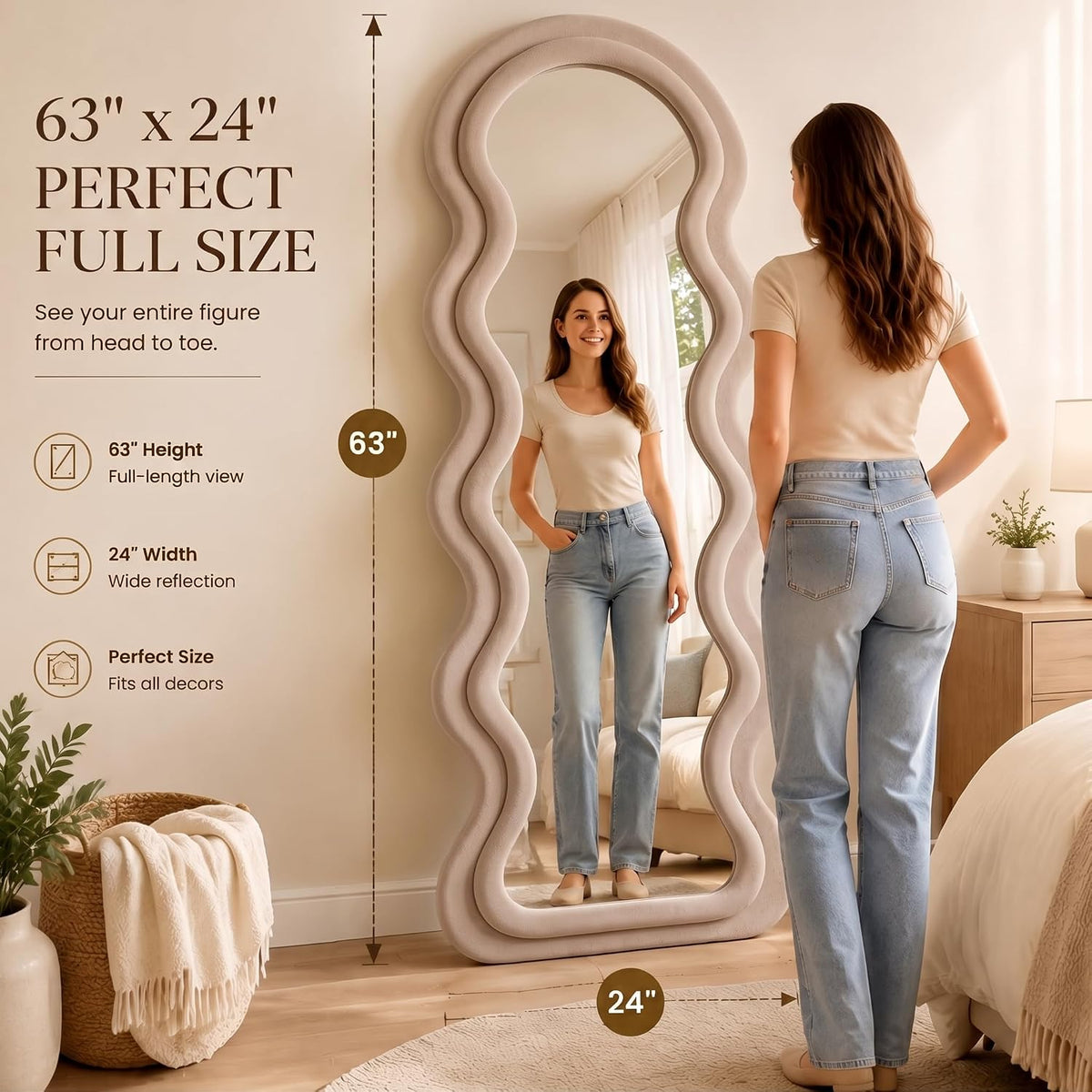 BOJOY Full Length Mirror 63"x24", Irregular Wavy Mirror, Wave Arched Floor Mirror, Wall Mirror Standing Hanging or Leaning Against Wall for Bedroom, Flannel Wrapped Wooden Frame, Milk Tea Color