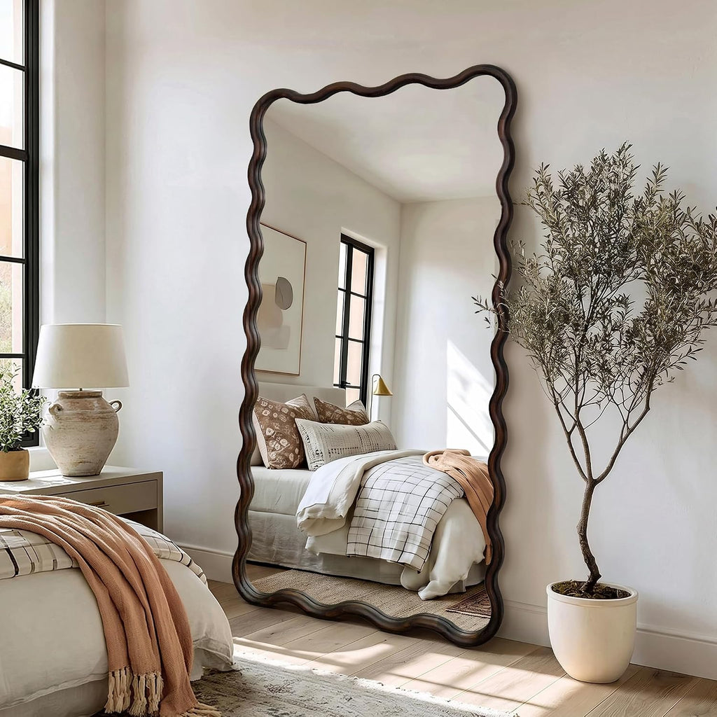 AMOISE Full Length Mirror, 56"x28" Boho Wavy Floor Mirror, Dark Brown
