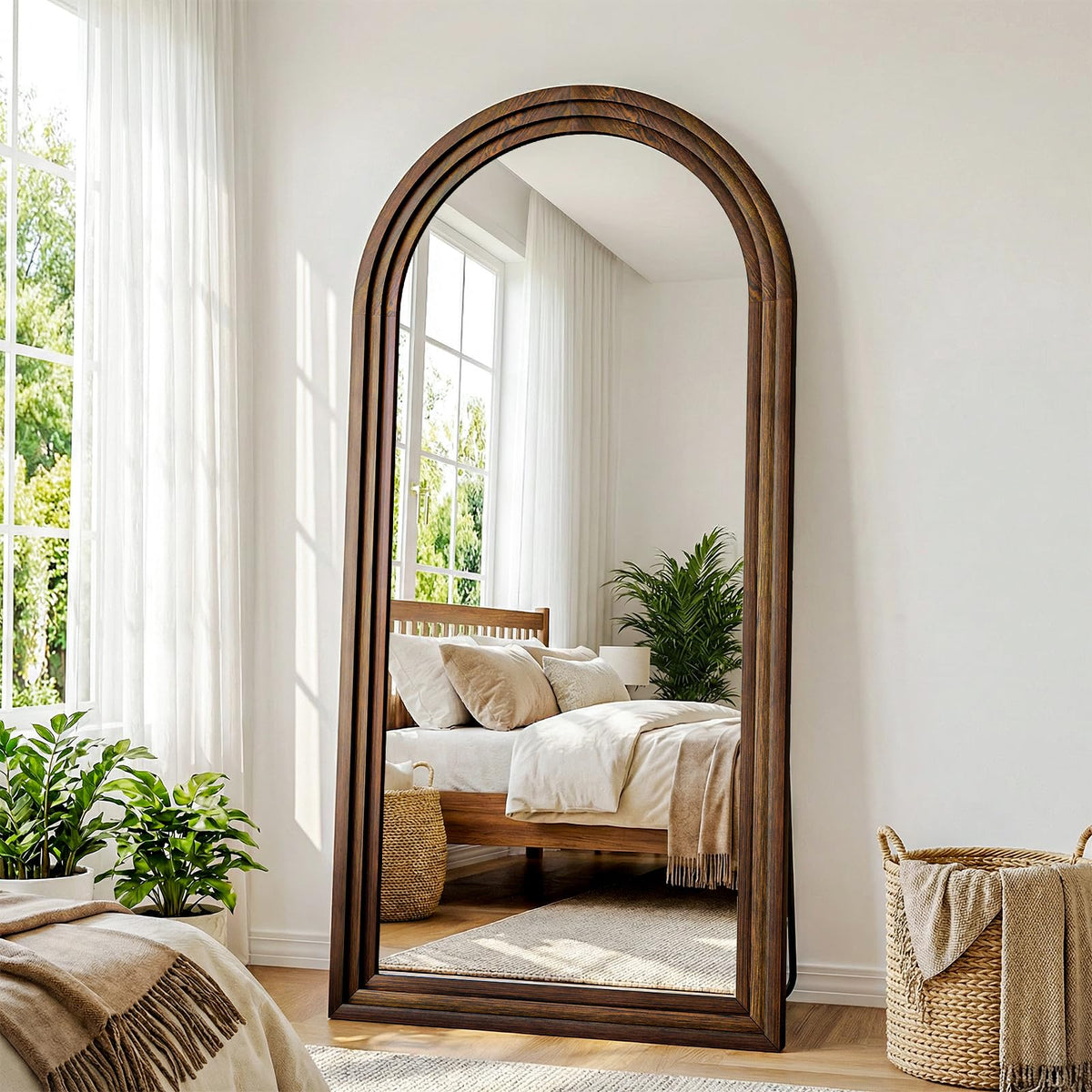 24"x65" Full Length Mirror Solid Wood Frame, Arched Floor Mirror Full Length with Stand, Room Decor Big Full Body Mirror with HD Tempered Glass for Bedroom, Living Room, Walnut Wood