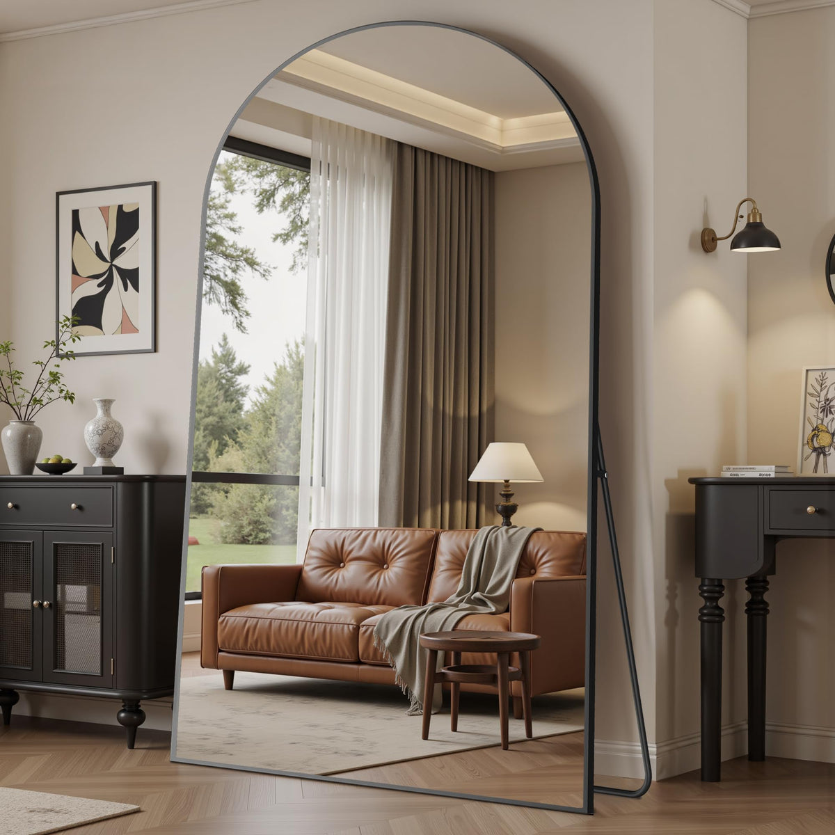 Suidia 71"x28" Arched Full Length Mirror with Stand, Black Floor Mirror