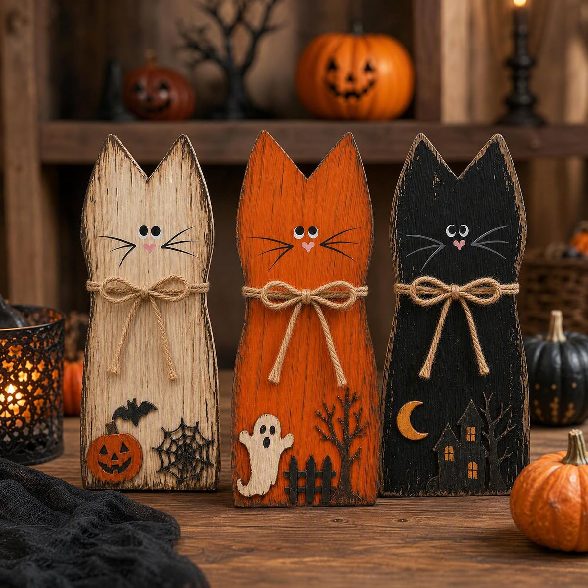 Vintage Halloween Decor Halloween Decorations Indoor Wooden Cats Table Signs for Home Office Farmhouse Kitchen Room Bedroom Mantel Tiered Tray Rustic Wood Signs Halloween Decor