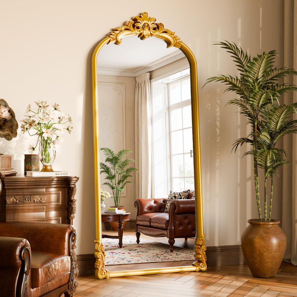 71"x32" Bronze Vintage Arched Full Length Mirror with Carved