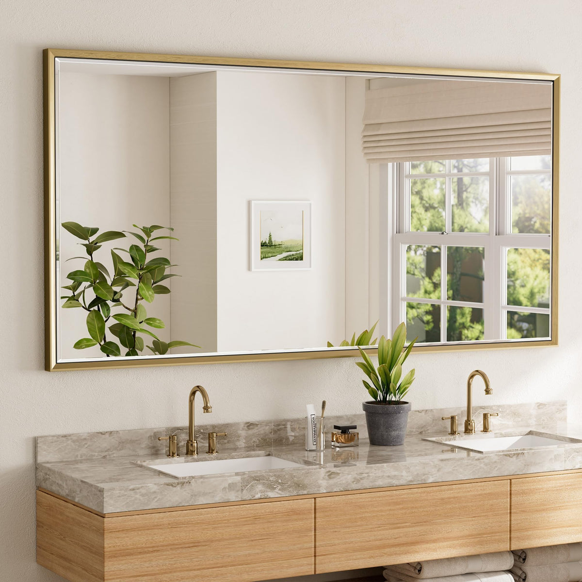 Brushed Nickel Bathroom Mirror, 24x32 Inch Beveled Framed Bathroom Mirror Anti-Rust, Brushed Nickel Metal Frame Bathroom Vanity Mirror for Wall, Vertical/Horizontal Wall-Mounted Mirrors