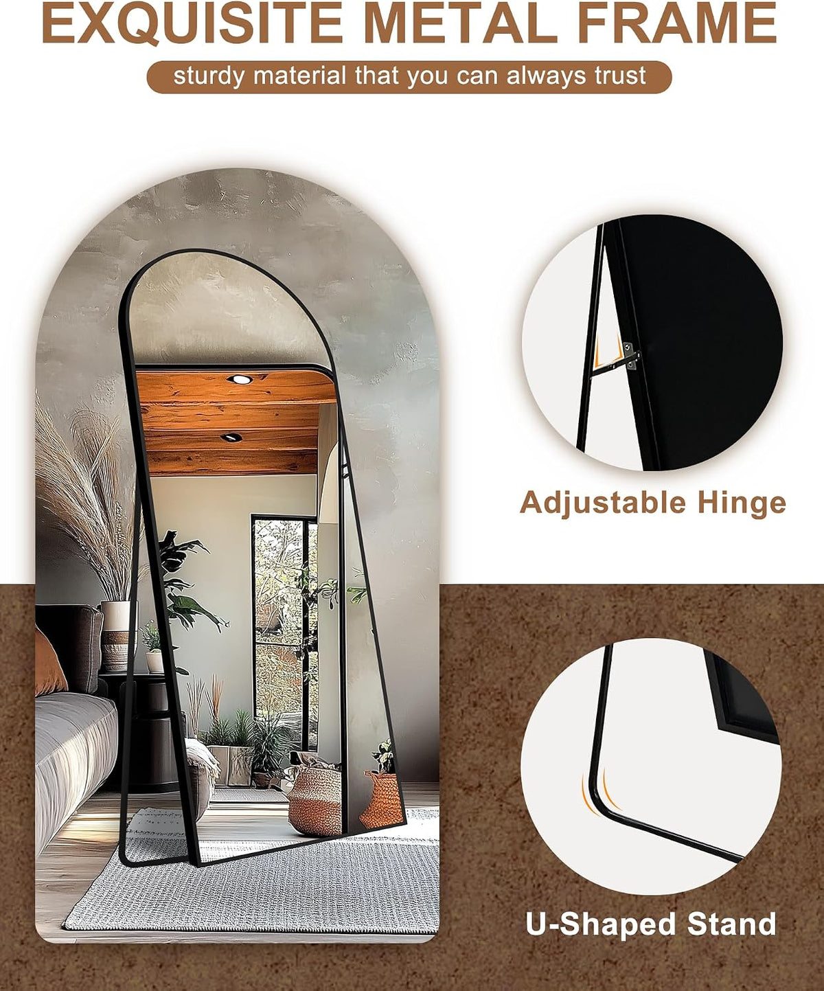 Delma Arched Full Length Mirror with Stand, 75x35 Black Floor Mirror