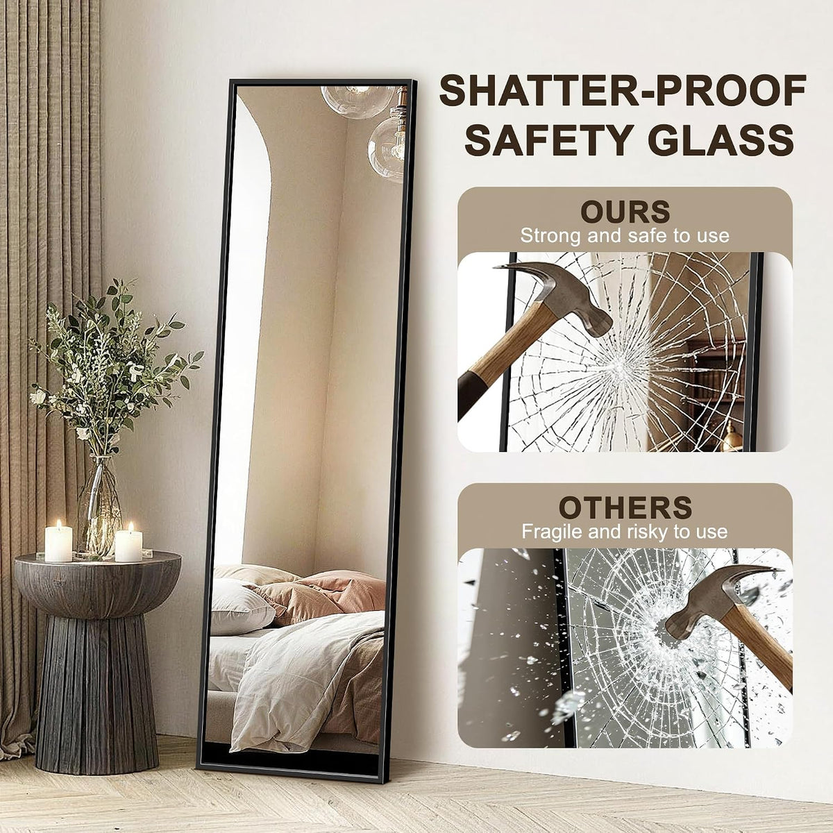 FICTOR Full Length Mirror with Stand, Floor Standing Mirror, 56"x15", Black