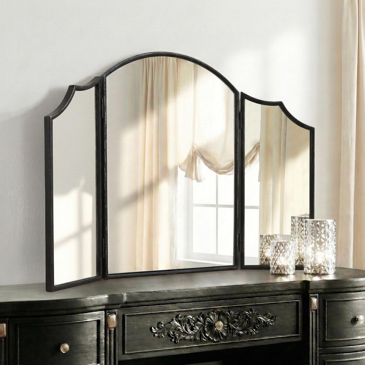 Besdomus Gold Scalloped Wall Mirror: 40"x29" Large Wooden Bathroom Mirror