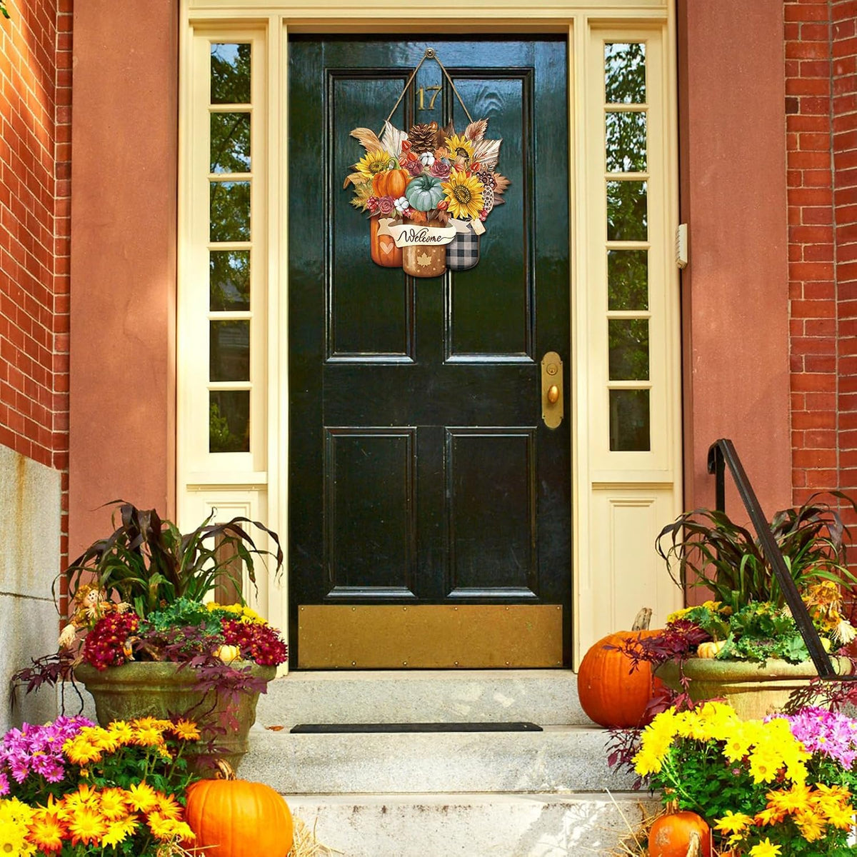 Boao Fall Door Decor Wooden Pumpkin Hanger Welcome Sign for Front Door