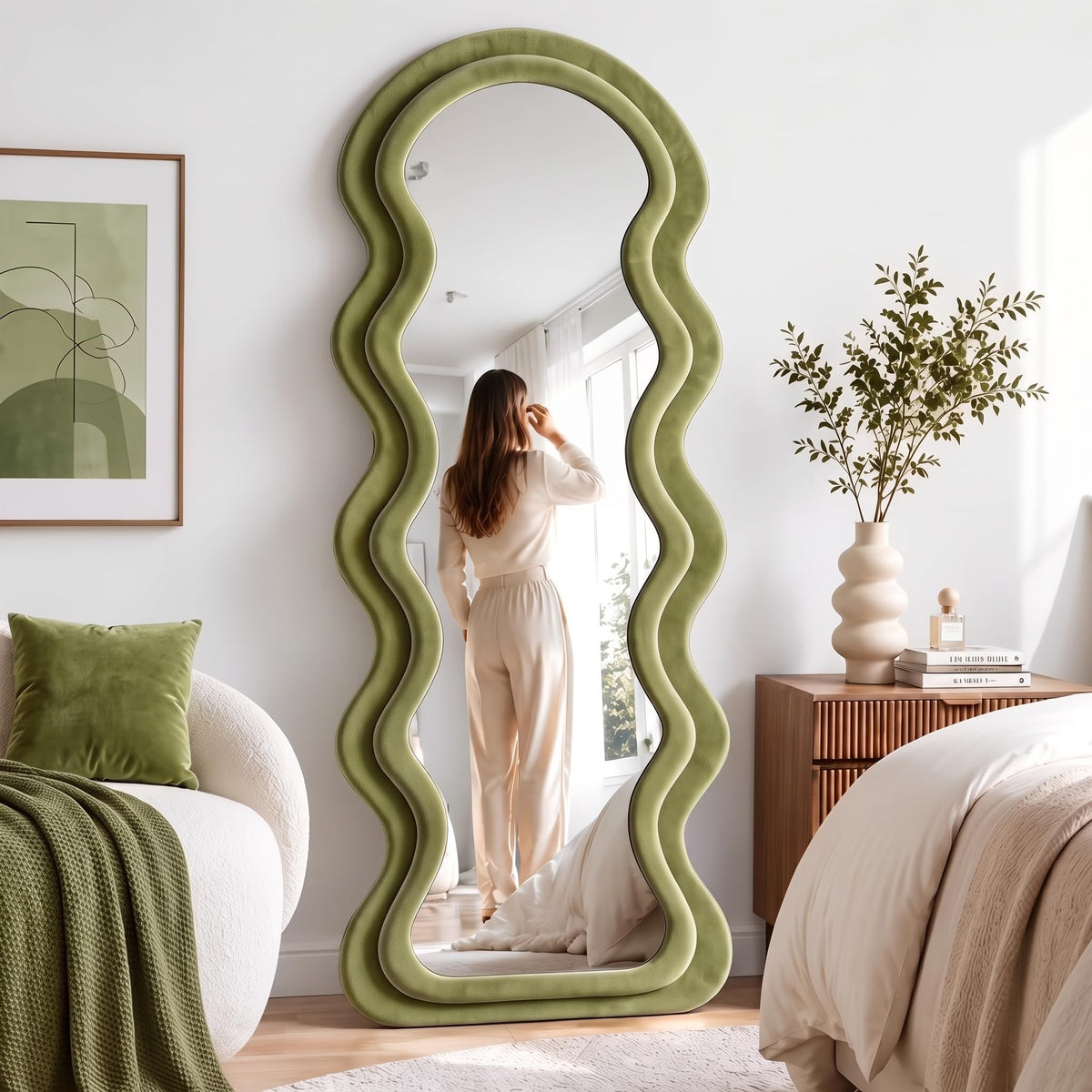 BOJOY Full Length Mirror 63"x24", Irregular Wavy Mirror, Wave Arched Floor Mirror, Wall Mirror Standing Hanging or Leaning Against Wall for Bedroom, Flannel Wrapped Wooden Frame, Milk Tea Color