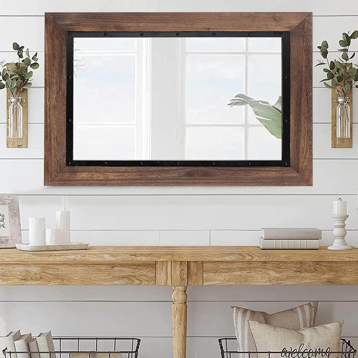YOSHOOT Rustic Wooden Framed Wall Mirror, Natural Wood and Iron Bathroom Vanity Mirror for Farmhouse Decor, Vertical or Horizontal Hanging